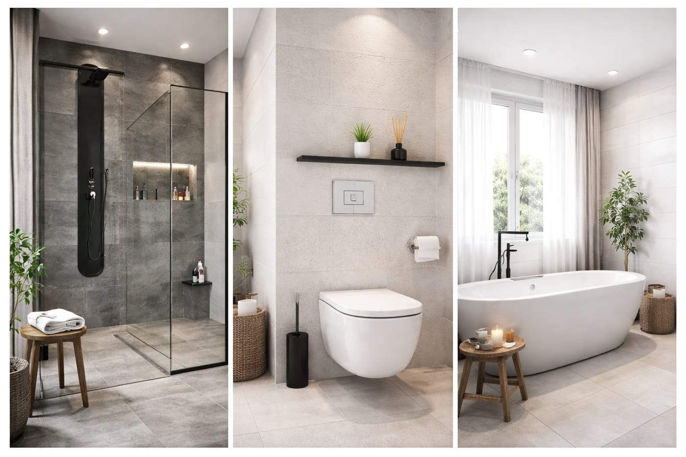 Moderne Badgestaltung: Walk-in-Dusche, wandhängendes WC und freistehende Badewanne in heller Steinoptik